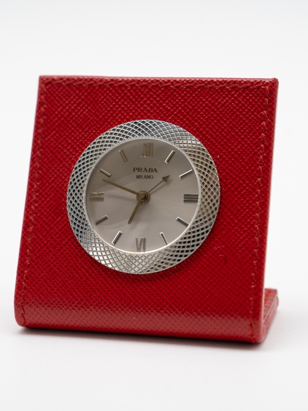 Prada Desk Clock Watch Table Red Leather Steel Case